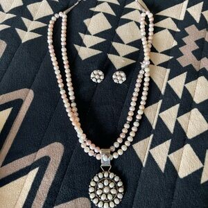 Zuni Indian hand crafted Double-Strand Pearl Necklace and Earrings sterling